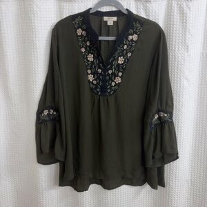 Style & Co. Olive Green Embroidered Blouse